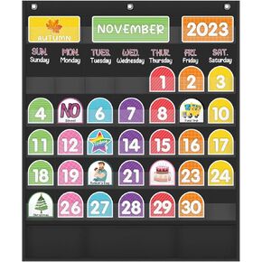 Mewise Monthly Calendar Pocket Chart with 92 Activity Cards for Kids,Simplified Calendar Pocket Chart for Kids Easy Learning,Classroom/Teacher Must Have Supplies/School Decor (Black English)