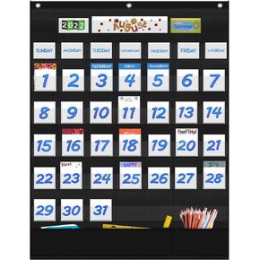 مخطط جيب بتقويم شهري من Eamay Classroom مع 45 جيبًا و3 جيوب تخزين لسهولة الرسم على الحائط أو الحامل (أسود)