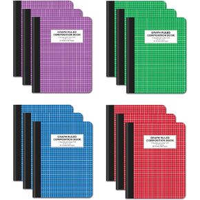 Better Office Products Quad Ruled Composition Book Notebook, 12 Pack, Hardcover 4x4 Graph Ruled Paper, 80 Sheets, 9.75" x 7.5", Assorted Color Covers, 12 Pack