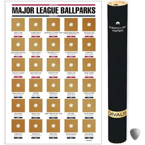 Major League Ballparks Scratch off Poster,Large Easy to Frame 24x16" Baseball Parks Checklist Chart,American and National Major League Ballparks Scratch-Off Baseball Stadium Map,Scratcher Included