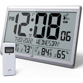 Atomic Clock/Never Needs Setting, Battery Operated, Atomic Wall Clock with Indoor/Outdoor Temperature & Humidity, Wireless Outdoor Sensor, 15" Digital Wall Clock with 4.5" Numbers Easy-to-Read