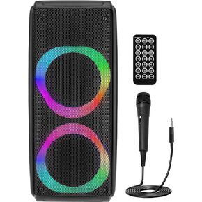 Pyle Dual 6.5" Multi-Purpose Speaker System, 300 Watt Rechargeable Speaker with Digital Display, USB Micro SD FM BT Aux Remote Control Mic Inputs, With Wheels and Handle Bar