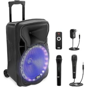 PyleUsa Portable Bluetooth PA Speaker-300W 12" Rechargeable Indoor/Outdoor BT Karaoke Audio System - LED Display, FM/AUX/MP3/USB/SD,1/4" in, Handle, Wheels-Wireless & Wired Mic, Remote Control