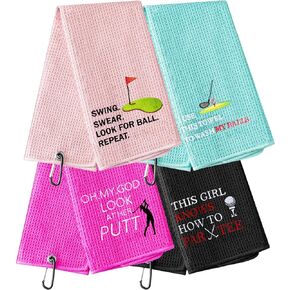 Buryeah 4 Pcs Funny Golf Towel for Golf Bags with Clips Golf Gifts for Women Microfiber Waffle Pattern Golf Accessories Golf Fan Birthday Gifts Retirement, 4 Styles