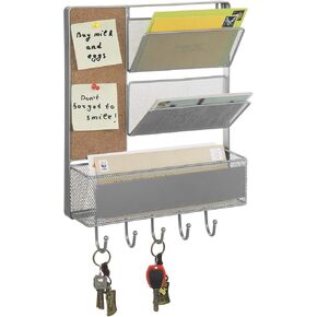 MyGift 16 x 12 Inch Wall Mounted Matte Black Metal Mesh Entryway Organizer Rack with 2 Mail Slots, Storage Basket, Cork Board, and 5 Hooks for Hanging Keys