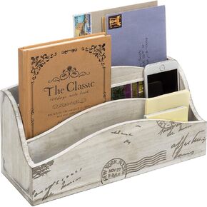 MyGift 3 Slot Vintage Postcard Design Beige Wood Home Countertop Mail Letter Holder, Wooden Office Desk Organizer, File Sorter, Bill Divider, Envelope Storage Bin