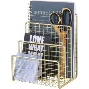 3 Slots Letter Holder, Metal Multifunctional File Holder for Mails, Books, Brochures and Postcards, Desktop Office Organizer Decoration, 5.6" x 3.7" x 7.0", Gold