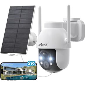 ieGeek Solar Security Cameras Wireless Outdoor, 2K WiFi Camera for Home Security System, Battery Powered Surveillance Cam with 360°PTZ Color Night Vision, PIR Motion Sensor, Works with Alexa (2 Pack)