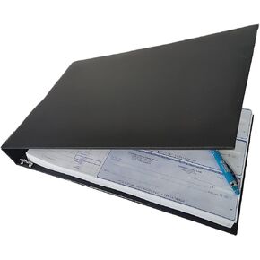 7 Ring Business Check Binder, Durable 3 On A Page, Professional Finance Document Holder with Fold Over Clear Vinyl Pouch Bill Keeper, Removable 6-Year Calendar (Black) ABC Printing
