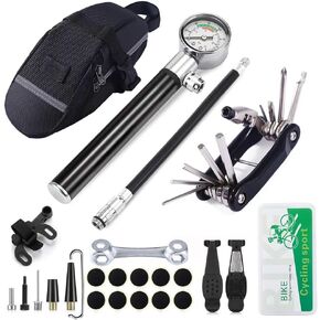 YBEKI Bike Tyre Repair Tool Kit - Bicycle Tool kit with 210 Psi Mini Pump 10-in-1 Multi-Tool with Chain Breaker, Tyre Levers &Tire Patch, Bone Wrench, 1 Portable Bag. 6 Month Warranty