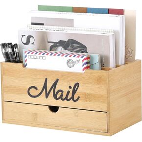Qozary Mail Organizer Countertop - Adjustable Compartment Mail Letter Holder with Drawer, Bamboo Mail Sorter for Desk, Desktop File Organizer Holder, Desk Accessories Organizer for Home Office