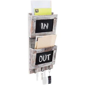 MyGift Wall Mounted Solid Torched Wood 2 Slot Mail and Key Holder Organizer Entryway Rack with Chalkboard Surface and 3 Hooks