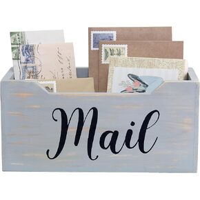 Elegant Designs HG2010-NMW Rustic Farmhouse Wooden Tabletop Decorative Script Word Mail Organizer Box, Letter Holder Office-Accessories-and-décor, Natural Wood/White