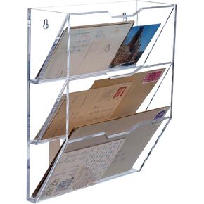 MyGift Wall Mounted 3 Tier Clear Premium Acrylic Letter Rack Mail Organizer, Office and Entryway Bills Postcards Brochure Holder Vertical Storage Rack