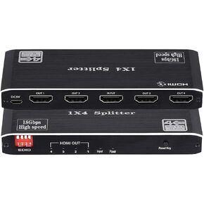 1x4 HDMI Splitter, 4K 60Hz 1 in 4 Out HDMI Splitter Audio Video Distributor Box Support Full Ultra HD, 3D, HDR, Compatible for HDTV, Blu-Ray, DVD, Xbox, PS4 Etc