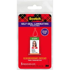 3M Scotch Self-Sealing Laminating Pouches, Bag Tags with Loops, Glossy, 5 Pouches (LS853-5G)