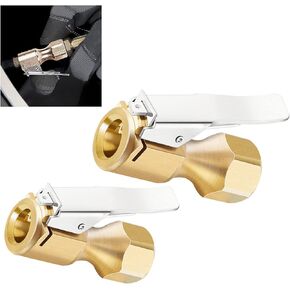 2 PCS Heavy Duty Brass Air Chuck, Closed Flow Lock On Tire Chuck with Clip 1/4" FNPT Tyre Chuck for Tire Inflator Pressure Gauge Air Pump Compressor Accessories (Gold)