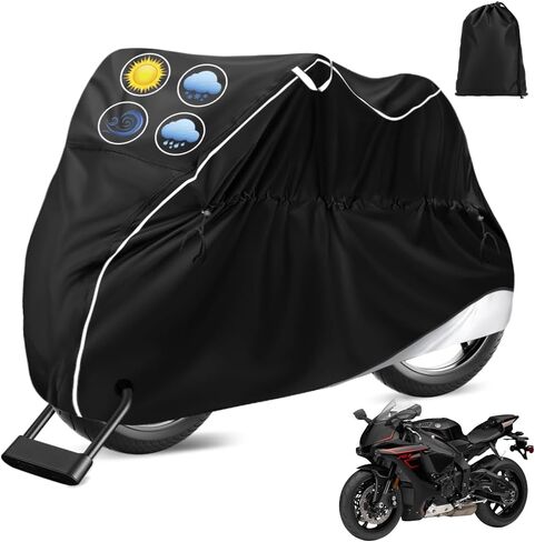 أغطية الدراجات النارية لجميع المواسم، أغطية الدراجات النارية العالمية، مقاومة للماء والشمس في الهواء الطلق، مقاومة للتمزق مع حقيبة تخزين بفتحات عاكسة للقفل، تناسب ما يصل إلى 96.5 بوصة من غطاء مركبة الدراجات النارية in Kuwait