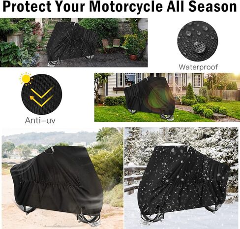 أغطية الدراجات النارية لجميع المواسم، أغطية الدراجات النارية العالمية، مقاومة للماء والشمس في الهواء الطلق، مقاومة للتمزق مع حقيبة تخزين بفتحات عاكسة للقفل، تناسب ما يصل إلى 96.5 بوصة من غطاء مركبة الدراجات النارية in Kuwait