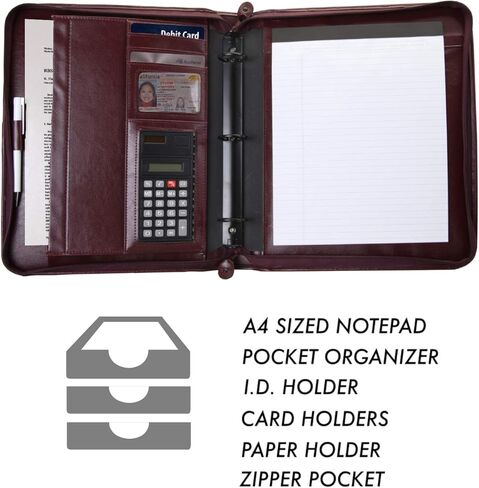 Travigo 3-Ring Business Leatherette Portfolio | Retractable Handles | Solar Calculator | Professional Business Folder Resume Document Organizer Notepad Included,S803 (Black) in Kuwait