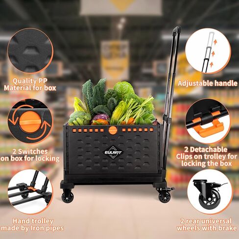 عربات المرافق الدوارة القابلة للطي مع عجلات من EULANT، عربة يد قفص قابلة للطي مع مقبض تلسكوبي، عربة تسوق قابلة للطي ذات سعة كبيرة للسفر والأمتعة المتحركة والبقالة والمكتب in Kuwait