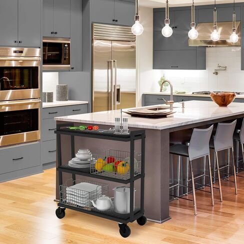 نظام عربة تخزين متنقلة من أتلانتيك، مع أرفف وسلال قابلة للتبديل، إطار فولاذي مطلي بالكامل، 3 طبقات، عجلات دوارة للتنقل، PN 23350329، باللون الأسود in Kuwait