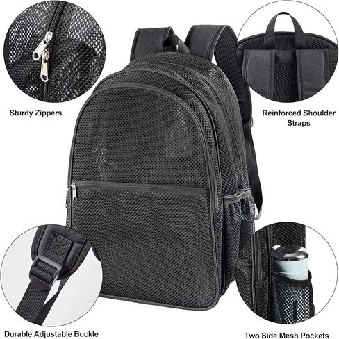 حقيبة ظهر شبكية من كوفاكس، حقيبة ظهر شبكية شديدة التحمل، حقيبة ظهر شبكية سوداء مع ظهر مبطن مريح للسفر والسباحة والشاطئ والرياضات الخارجية in Kuwait