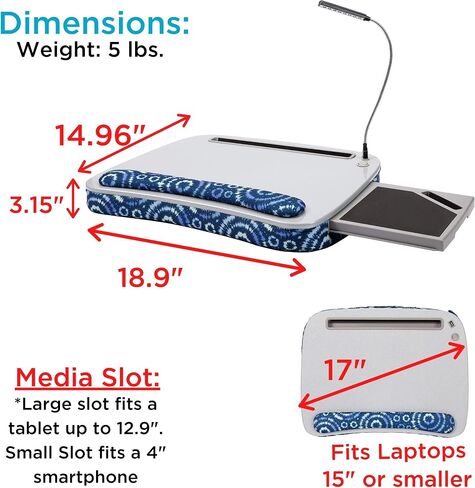 مكتب لاب توب فاخر من بيردروك هوم مع وسادة وسادة ومسند للمعصم | ضوء USB ولوحة الماوس | يناسب أجهزة الكمبيوتر المحمولة حتى 15 بوصة | الأجهزة اللوحية حتى 9.6 بوصة | نمط Tiedye Sunburst الأزرق | ملحقات حامل الكمبيوتر المحمول in Saudi Arabia