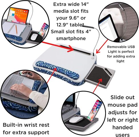مكتب لاب توب فاخر من بيردروك هوم مع وسادة وسادة ومسند للمعصم | ضوء USB ولوحة الماوس | يناسب أجهزة الكمبيوتر المحمولة حتى 15 بوصة | الأجهزة اللوحية حتى 9.6 بوصة | نمط Tiedye Sunburst الأزرق | ملحقات حامل الكمبيوتر المحمول in Saudi Arabia