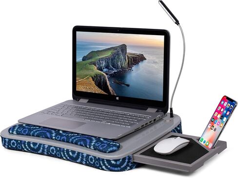 مكتب لاب توب فاخر من بيردروك هوم مع وسادة وسادة ومسند للمعصم | ضوء USB ولوحة الماوس | يناسب أجهزة الكمبيوتر المحمولة حتى 15 بوصة | الأجهزة اللوحية حتى 9.6 بوصة | نمط Tiedye Sunburst الأزرق | ملحقات حامل الكمبيوتر المحمول in Saudi Arabia