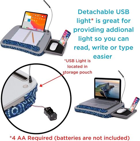مكتب لاب توب فاخر من بيردروك هوم مع وسادة وسادة ومسند للمعصم | ضوء USB ولوحة الماوس | يناسب أجهزة الكمبيوتر المحمولة حتى 15 بوصة | الأجهزة اللوحية حتى 9.6 بوصة | نمط Tiedye Sunburst الأزرق | ملحقات حامل الكمبيوتر المحمول in Saudi Arabia