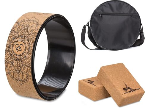 Wood Yoga Wheel Set, Cork Yoga Wheel, Yoga Block 2 Pack 9"x6"x3", Yoga Wheel Bag, 4 in 1. in Saudi Arabia
