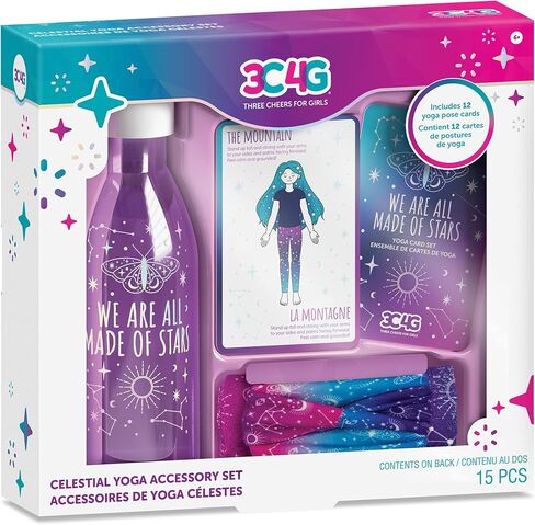 3C4G THREE CHEERS FOR GIRLS - مجموعة ملحقات اليوغا السماوية - مجموعة اليوغا تتضمن زجاجة مياه للأطفال، منشفة يوجا، عصابة رأس يوجا وبطاقات يوجا للأطفال - ملحقات يوجا للفتيات من سن 6-8-10-12-14-16 in Kuwait