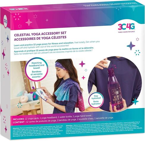 3C4G THREE CHEERS FOR GIRLS - مجموعة ملحقات اليوغا السماوية - مجموعة اليوغا تتضمن زجاجة مياه للأطفال، منشفة يوجا، عصابة رأس يوجا وبطاقات يوجا للأطفال - ملحقات يوجا للفتيات من سن 6-8-10-12-14-16 in Kuwait