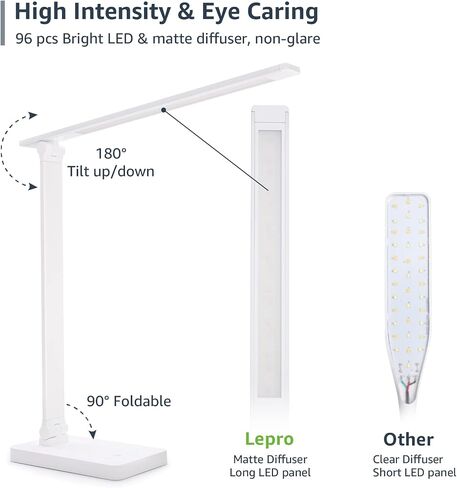 مصباح مكتب LED من Lepro، ضوء مكتب معدني 9 وات 550 لومن، مصباح مهام مكتبي منزلي قابل للتعتيم، التحكم باللمس، 3 أوضاع للألوان، اللوازم المدرسية أساسيات غرفة النوم الجامعية، القراءة، الصياغة، الخياطة، أبيض in Saudi Arabia