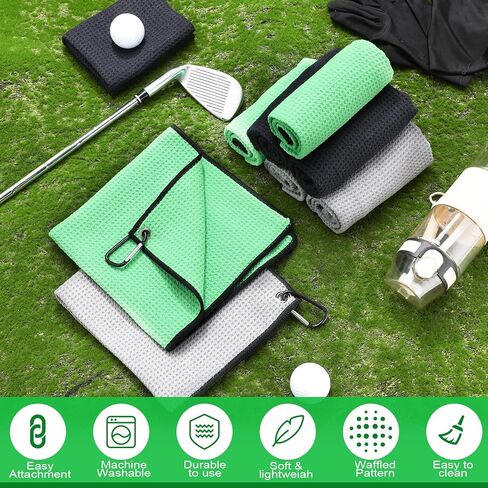 Batiyeer 12 Pcs Golf Towel Bulk for Golf Bags 16'' x 16'' Microfiber Fabric Golf Towel with Clip Waffle Pattern Golf Towel for Golf Bags, Fitness, Camping, Hiking, Yoga (Black, Gray, Blue) in Kuwait