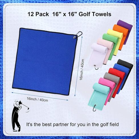 Batiyeer 12 Pcs Golf Towel Bulk for Golf Bags 16'' x 16'' Microfiber Fabric Golf Towel with Clip Waffle Pattern Golf Towel for Golf Bags, Fitness, Camping, Hiking, Yoga (Black, Gray, Blue) in Kuwait