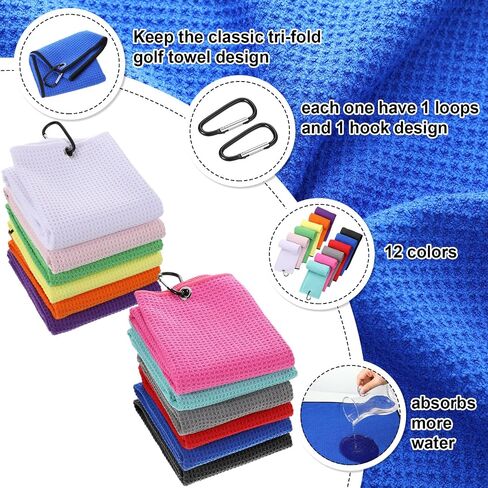Batiyeer 12 Pcs Golf Towel Bulk for Golf Bags 16'' x 16'' Microfiber Fabric Golf Towel with Clip Waffle Pattern Golf Towel for Golf Bags, Fitness, Camping, Hiking, Yoga (Black, Gray, Blue) in Kuwait
