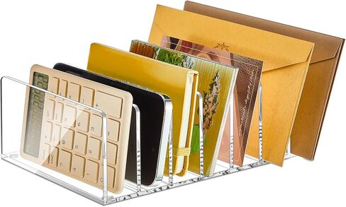 Gueevin Acrylic File Holder Clear Desktop File Organizer Vertical 7 Compartment Mail Sorter Envelope Paper Organizer, Clear Desk Accessories Magazine Document Notebook Storage for Office Home School in Saudi Arabia