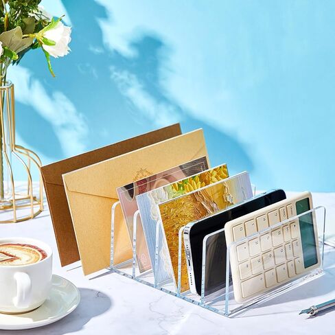 Gueevin Acrylic File Holder Clear Desktop File Organizer Vertical 7 Compartment Mail Sorter Envelope Paper Organizer, Clear Desk Accessories Magazine Document Notebook Storage for Office Home School in Saudi Arabia