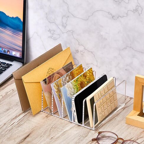 Gueevin Acrylic File Holder Clear Desktop File Organizer Vertical 7 Compartment Mail Sorter Envelope Paper Organizer, Clear Desk Accessories Magazine Document Notebook Storage for Office Home School in Saudi Arabia