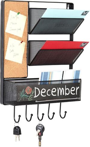 MyGift 16 x 12 Inch Wall Mounted Matte Black Metal Mesh Entryway Organizer Rack with 2 Mail Slots, Storage Basket, Cork Board, and 5 Hooks for Hanging Keys in Saudi Arabia