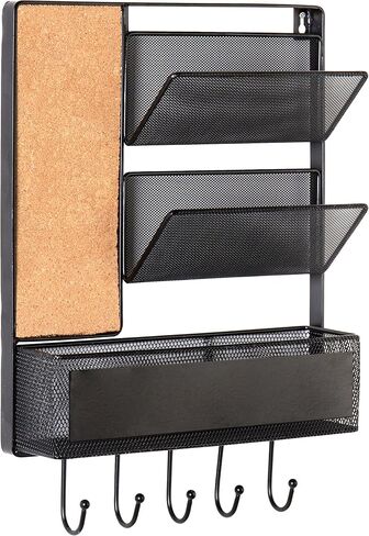 MyGift 16 x 12 Inch Wall Mounted Matte Black Metal Mesh Entryway Organizer Rack with 2 Mail Slots, Storage Basket, Cork Board, and 5 Hooks for Hanging Keys in Saudi Arabia