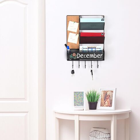 MyGift 16 x 12 Inch Wall Mounted Matte Black Metal Mesh Entryway Organizer Rack with 2 Mail Slots, Storage Basket, Cork Board, and 5 Hooks for Hanging Keys in Saudi Arabia