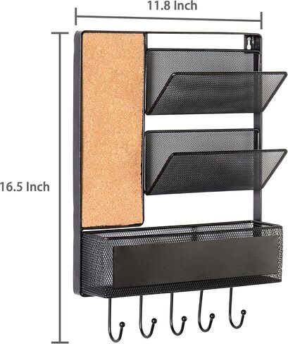 MyGift 16 x 12 Inch Wall Mounted Matte Black Metal Mesh Entryway Organizer Rack with 2 Mail Slots, Storage Basket, Cork Board, and 5 Hooks for Hanging Keys in Saudi Arabia