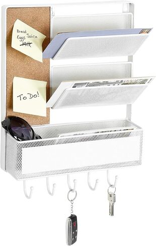 MyGift 16 x 12 Inch Wall Mounted Matte Black Metal Mesh Entryway Organizer Rack with 2 Mail Slots, Storage Basket, Cork Board, and 5 Hooks for Hanging Keys in Saudi Arabia