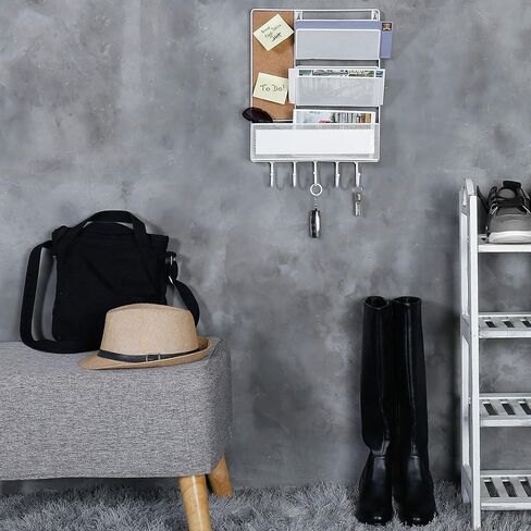 MyGift 16 x 12 Inch Wall Mounted Matte Black Metal Mesh Entryway Organizer Rack with 2 Mail Slots, Storage Basket, Cork Board, and 5 Hooks for Hanging Keys in Saudi Arabia