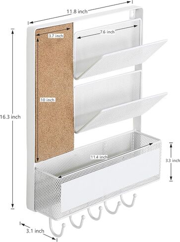 MyGift 16 x 12 Inch Wall Mounted Matte Black Metal Mesh Entryway Organizer Rack with 2 Mail Slots, Storage Basket, Cork Board, and 5 Hooks for Hanging Keys in Saudi Arabia