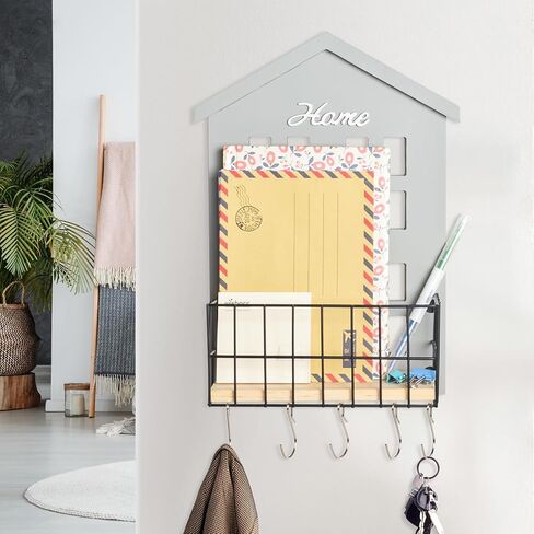 wishacc Mail Organizer Wall Mount with Key Hooks, Wooden Hanging Mail Sorter Farmhouse Key Holder for Wall Decoration, Wall File and Magazines Bill Letter Holder (Grey) in Saudi Arabia