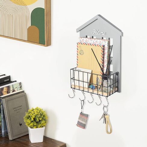 wishacc Mail Organizer Wall Mount with Key Hooks, Wooden Hanging Mail Sorter Farmhouse Key Holder for Wall Decoration, Wall File and Magazines Bill Letter Holder (Grey) in Saudi Arabia